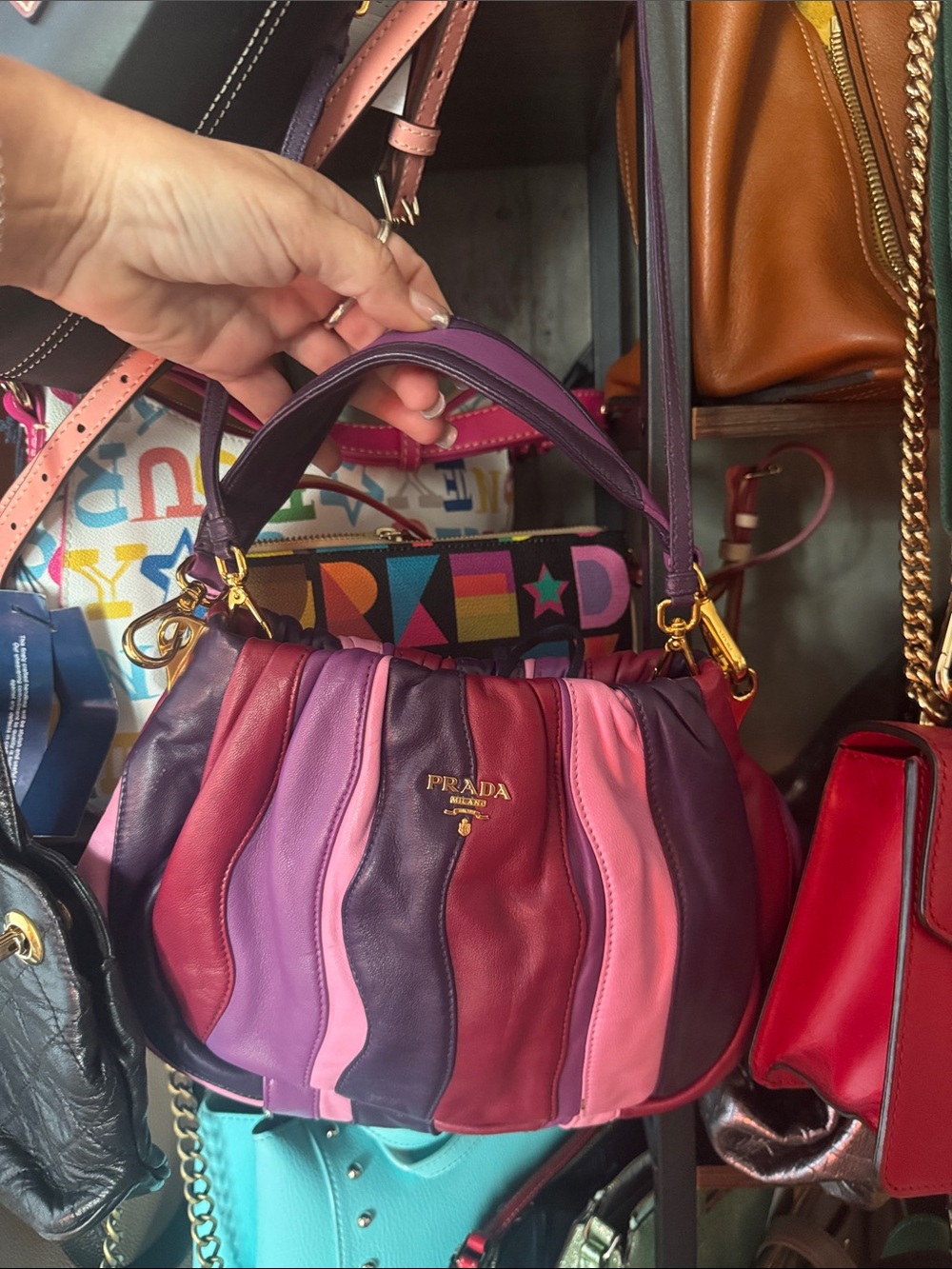 Prada Multicolor Pink Purple & Magenta Ruched Leather Shoulder Bag